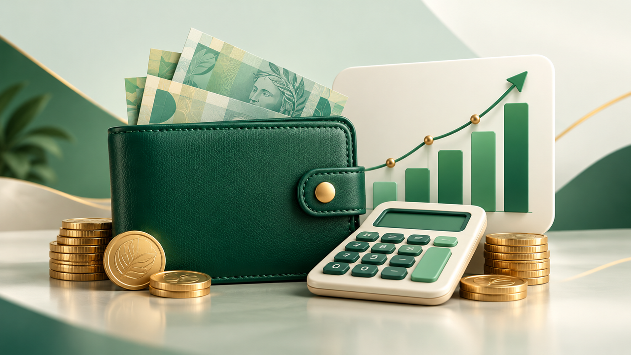 Carteira verde com cédulas, moedas, calculadora e gráfico para representar a organização das finanças pessoais.