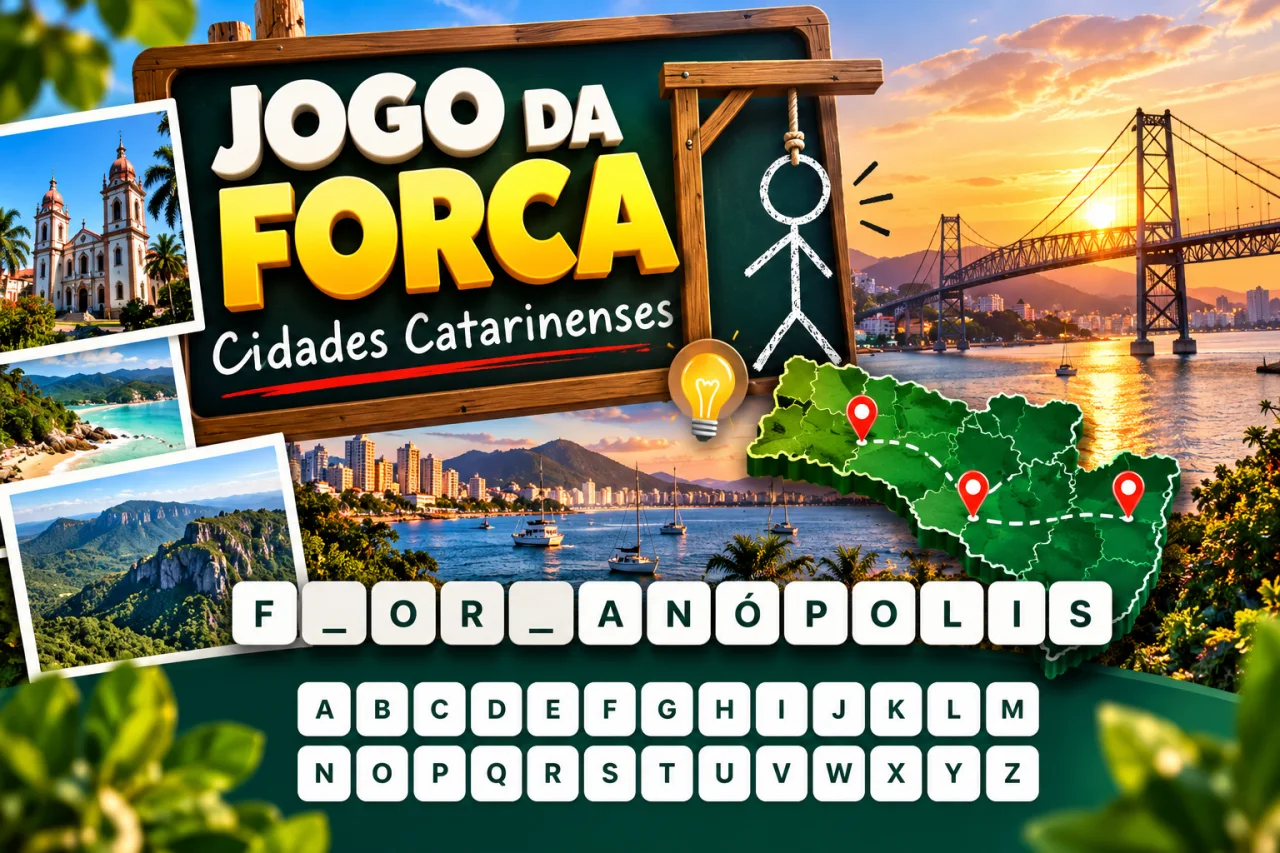 Jogo da Forca em um quadro verde, com paisagens, mapa de Santa Catarina e teclado de letras.
