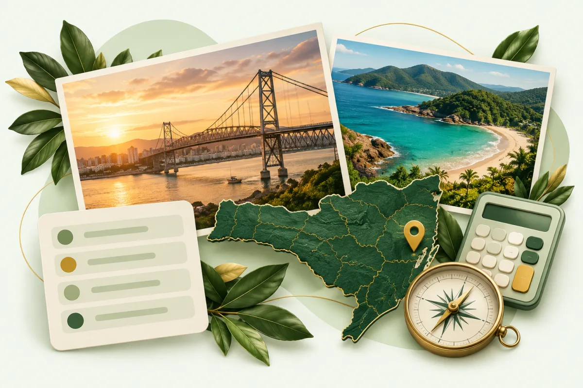 Ilustração com paisagens catarinenses, bússola, calculadora e cartão de quiz