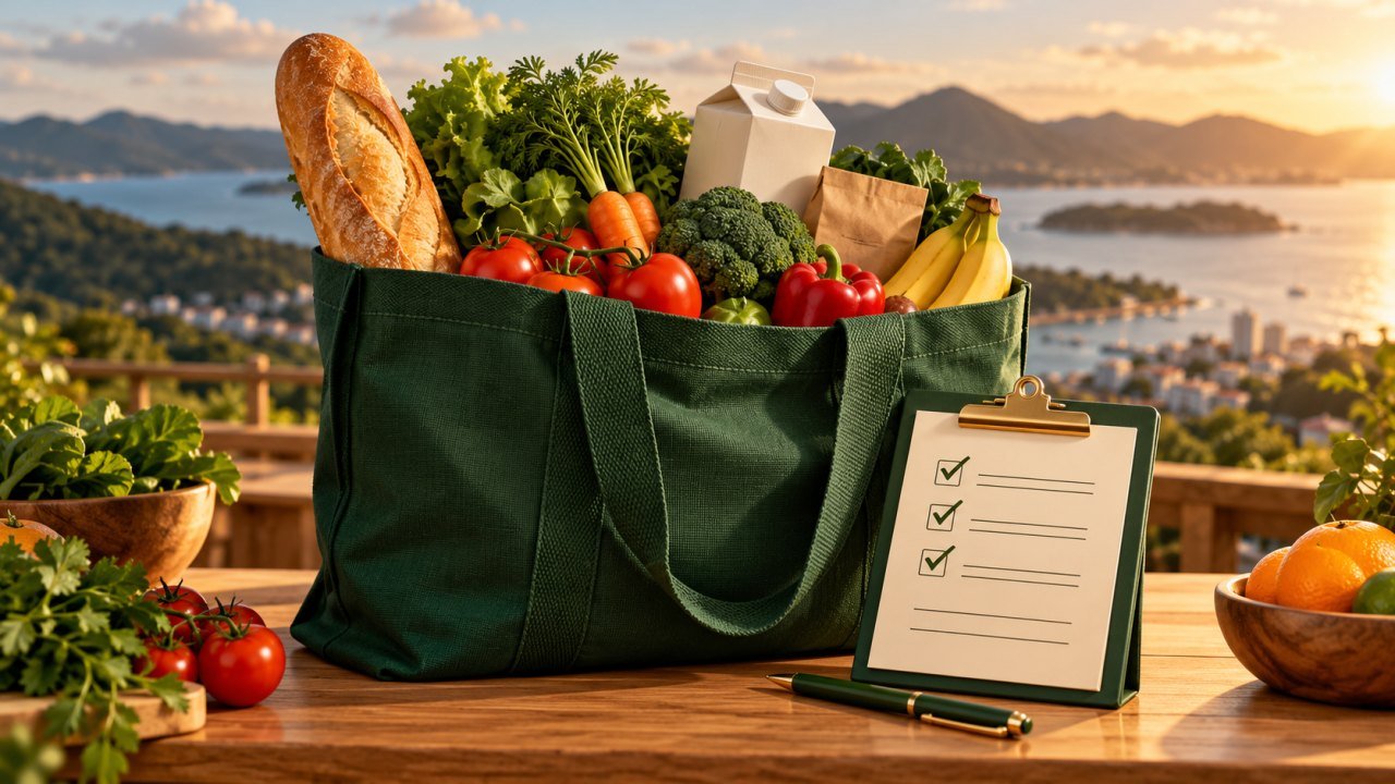 Sacola verde com alimentos e uma lista de compras sobre uma mesa, com o litoral ao fundo.