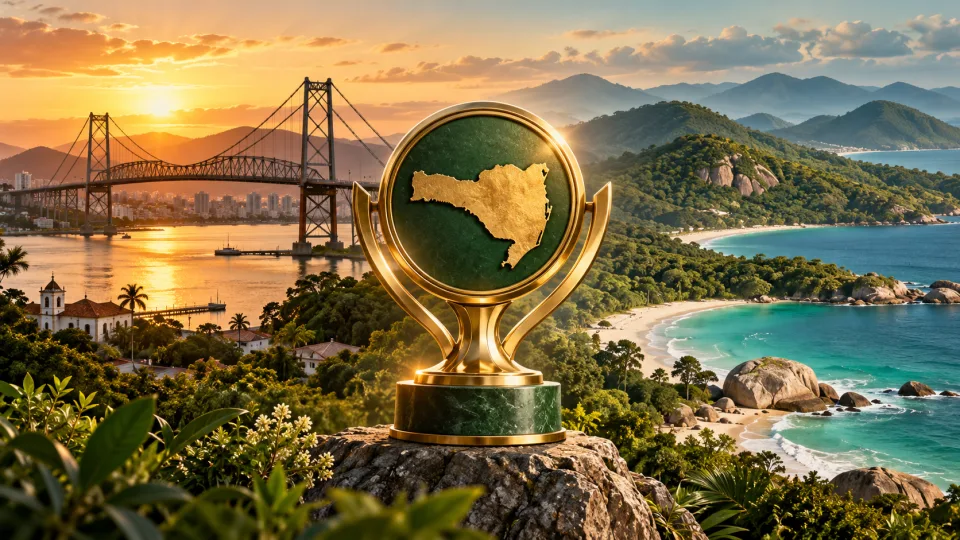 Troféu ilustrado com paisagens de Santa Catarina