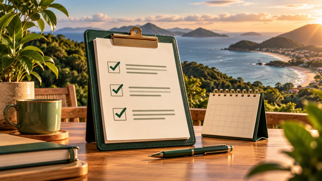 Prancheta verde com lista de tarefas, calendário e caneta sobre uma mesa, diante de uma paisagem do litoral.