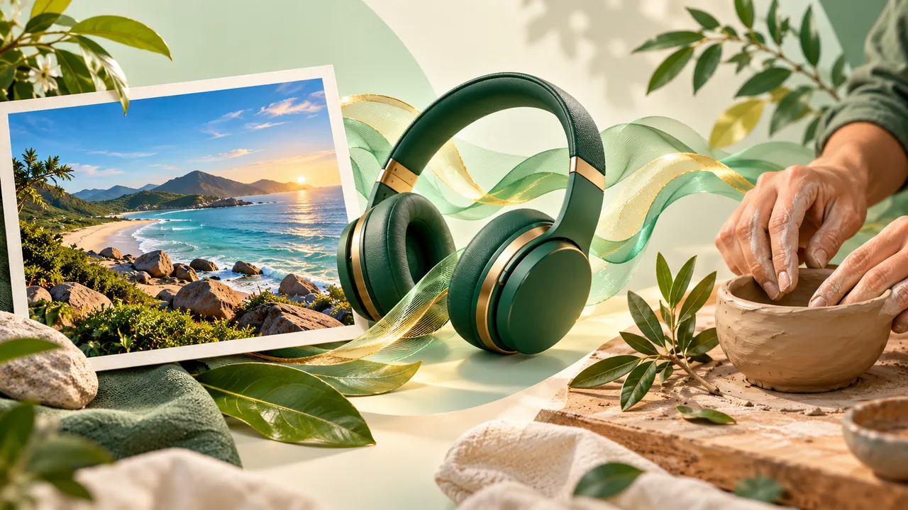 Paisagem, fones de ouvido e atividade manual representam diferentes experiências do cotidiano.