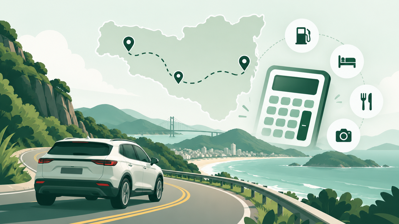 Automóvel no litoral catarinense, mapa de Santa Catarina e calculadora com ícones de combustível, hospedagem e alimentação.