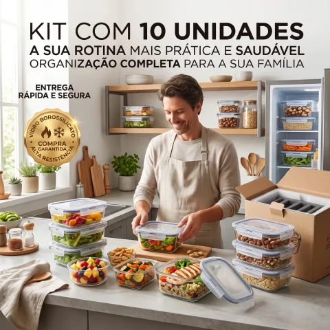 Kit 10 Potes Vidro Hermetico Vai Ao Forno Microondas 640ml Marmita Hermético Freezer Fitness Rishon