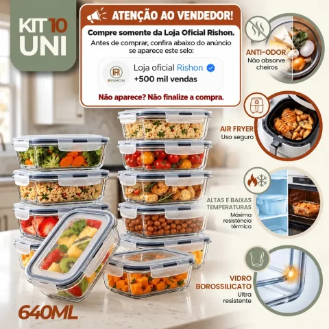 Kit 10 Potes Vidro Hermetico Vai Ao Forno Microondas 640ml Marmita Hermético Freezer Fitness Rishon
